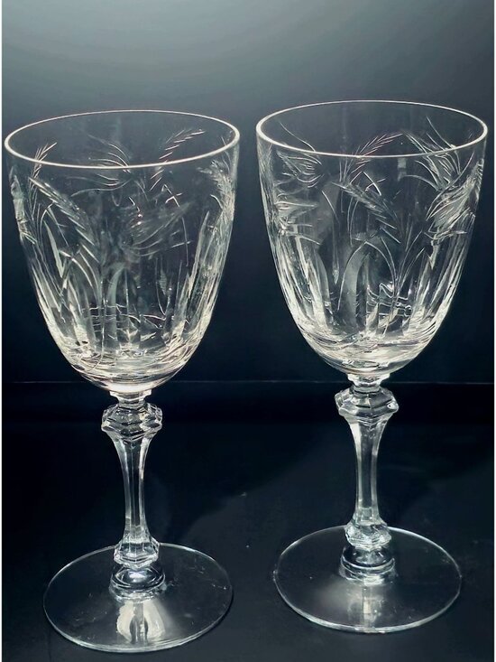 Tiffin Franciscan Other - 2 Tiffin Franciscan Moss Ross Water Goblets Etched Crystal Wine Glasses rare 60s